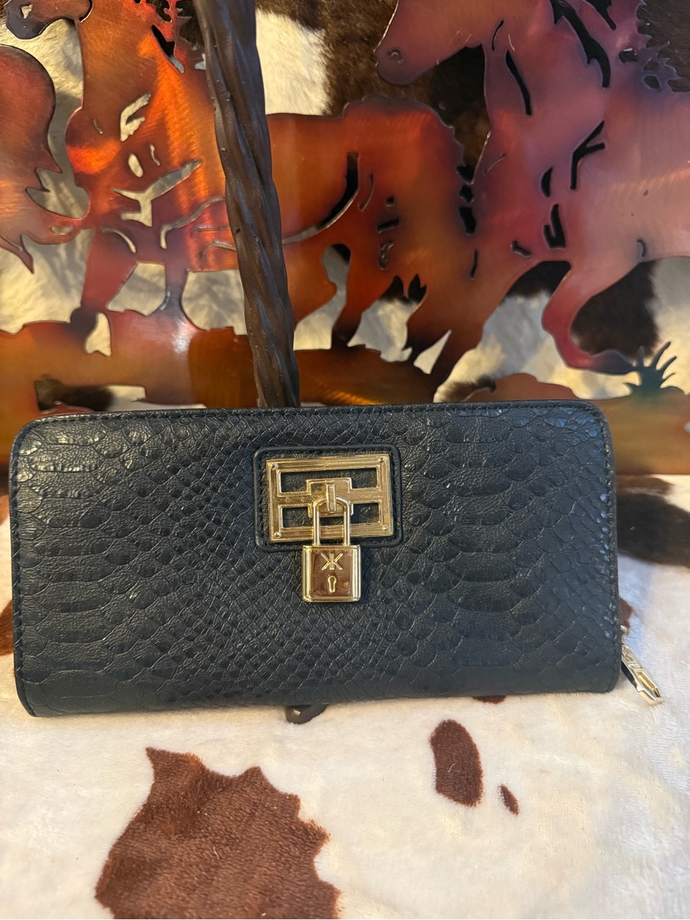 Textured Black Women's Wallet with Gold-Tone Lock Accent Kim Kardashian